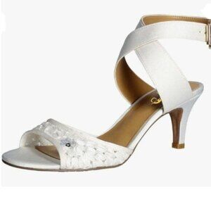 XYD Women Low Kitten Heel Slingback Sandals Open Toe Buckled Cross Ankle White